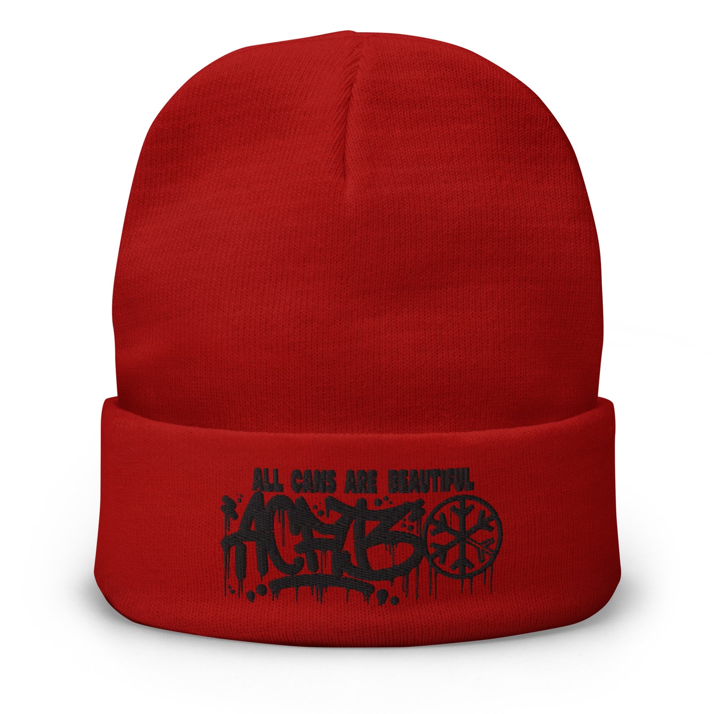 Red-ACAB Graffiti Tag Beanie Hat from B.Different Clothing, front view, graffiti-inspired streetwear