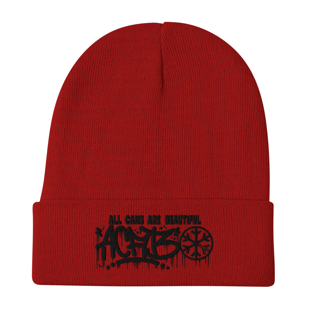 Red-ACAB Graffiti Tag Beanie Hat from B.Different Clothing, flat view, graffiti-inspired streetwear