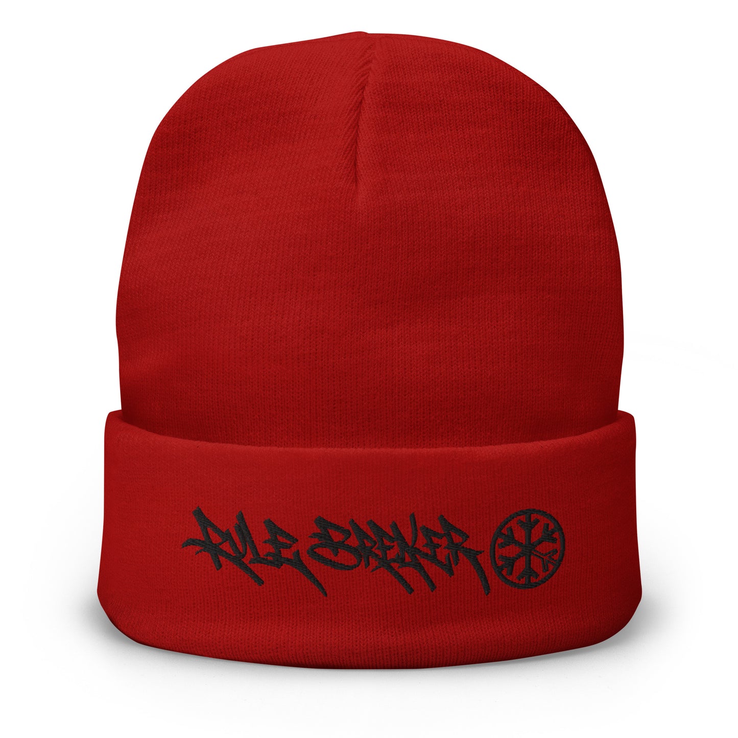 Red-Rule Breaker Graffiti Tag Beanie Hat from B.Different Clothing, front view, graffiti-inspired streetwear