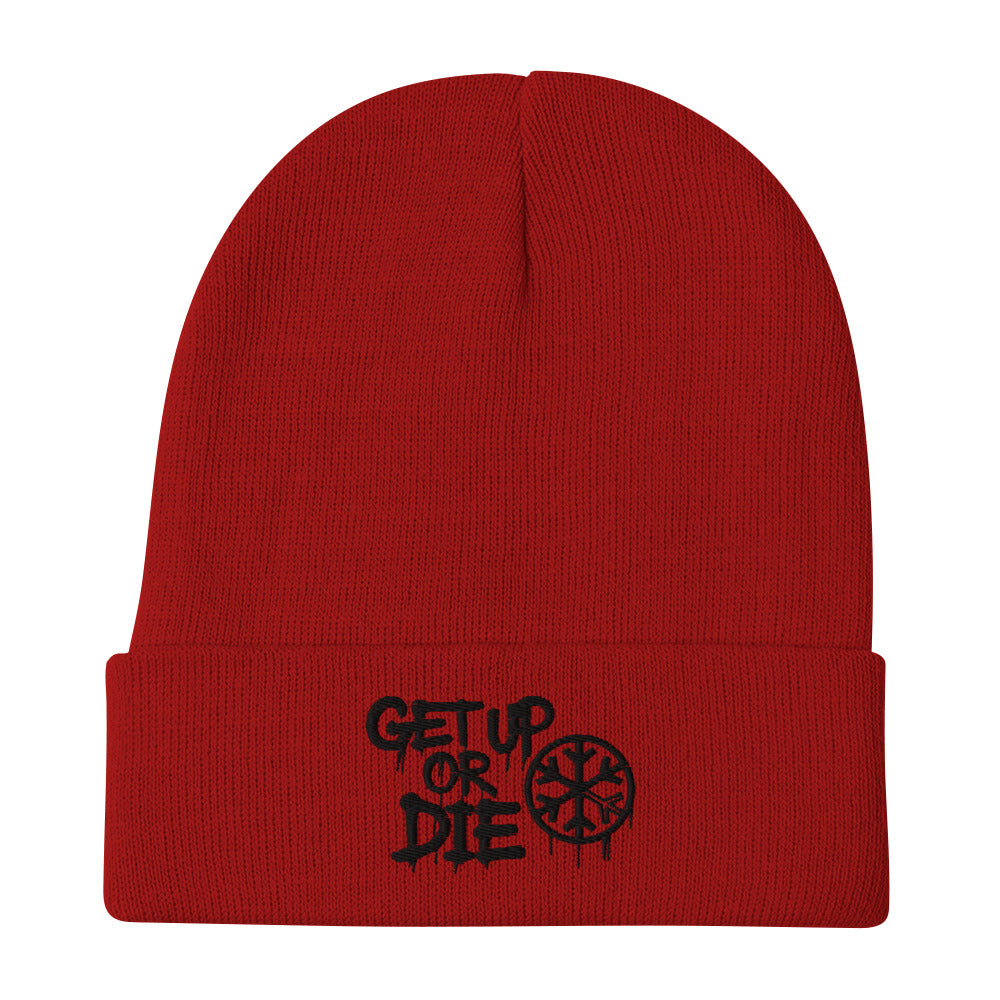 Red-Get Up or Die Graffiti Tag Beanie Hat from B.Different Clothing, flat view, graffiti-inspired streetwear