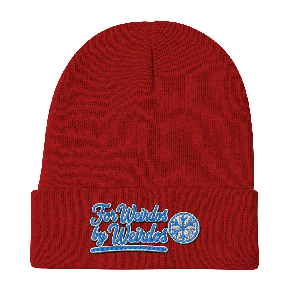 Red-For Weirdos by Weirdos Beanie Hat from B.Different Clothing, flat view, graffiti-inspired streetwear