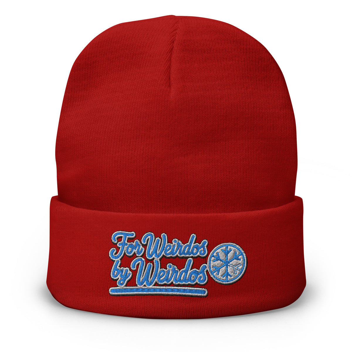 Red-For Weirdos by Weirdos Beanie Hat from B.Different Clothing, front view, graffiti-inspired streetwear