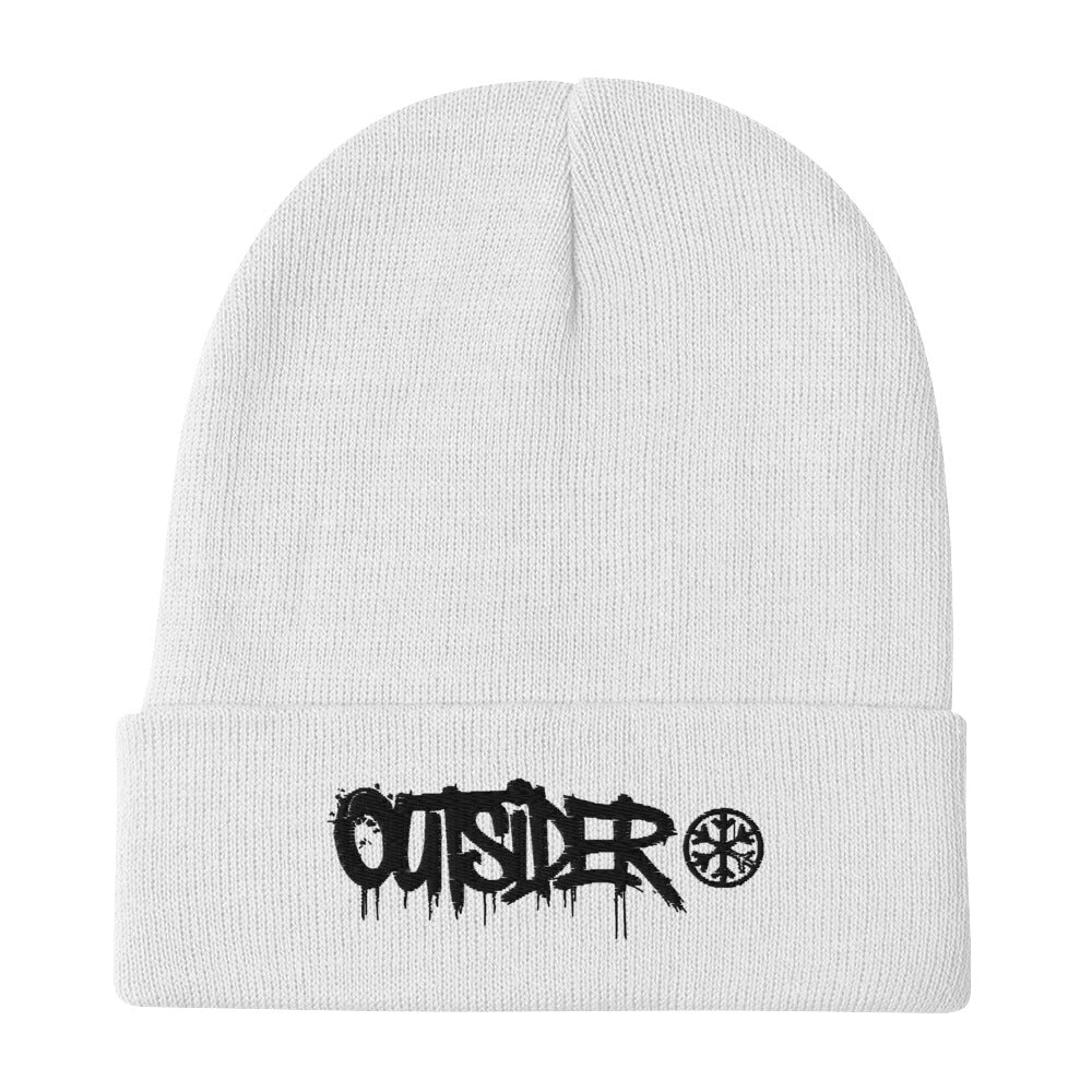 White-Outsider Graffiti Tag Beanie Hat from B.Different Clothing, flat view, graffiti-inspired streetwear