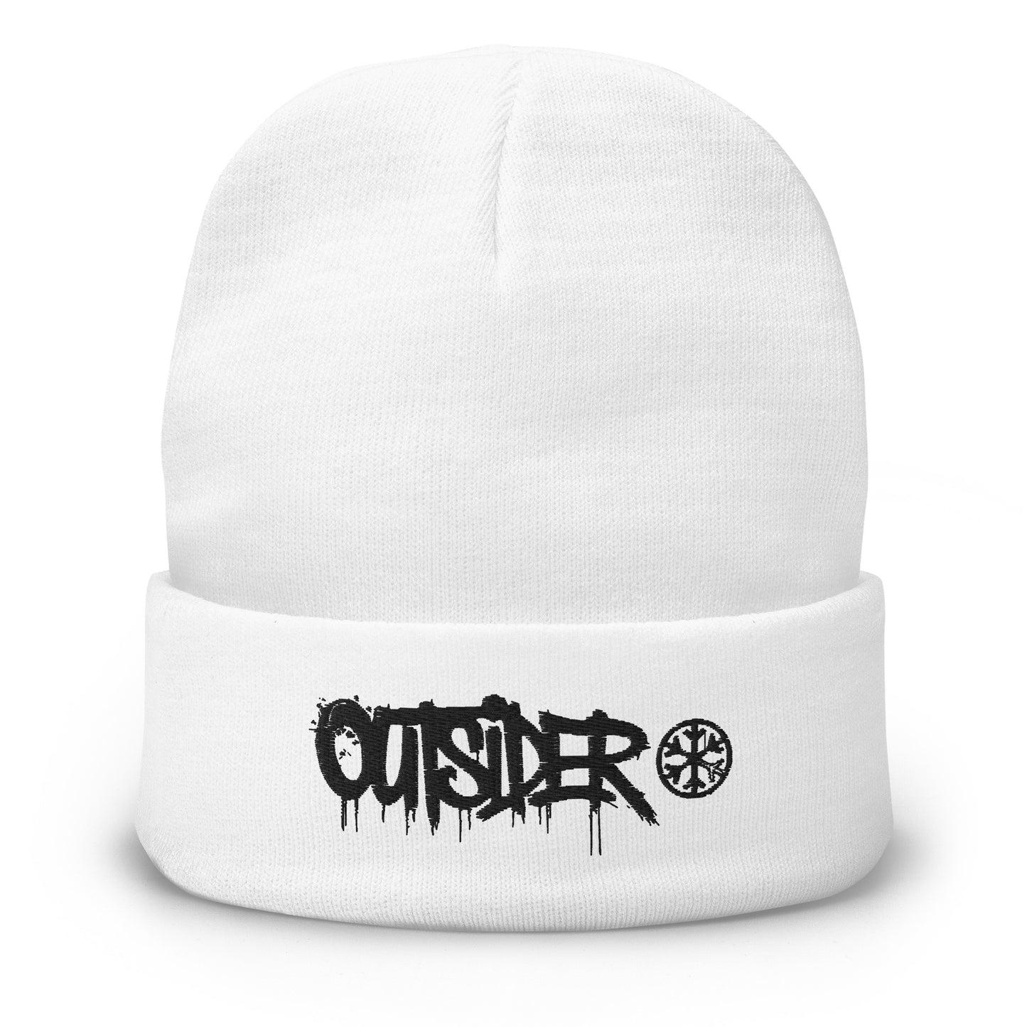 White-Outsider Graffiti Tag Beanie Hat from B.Different Clothing, front view, graffiti-inspired streetwear