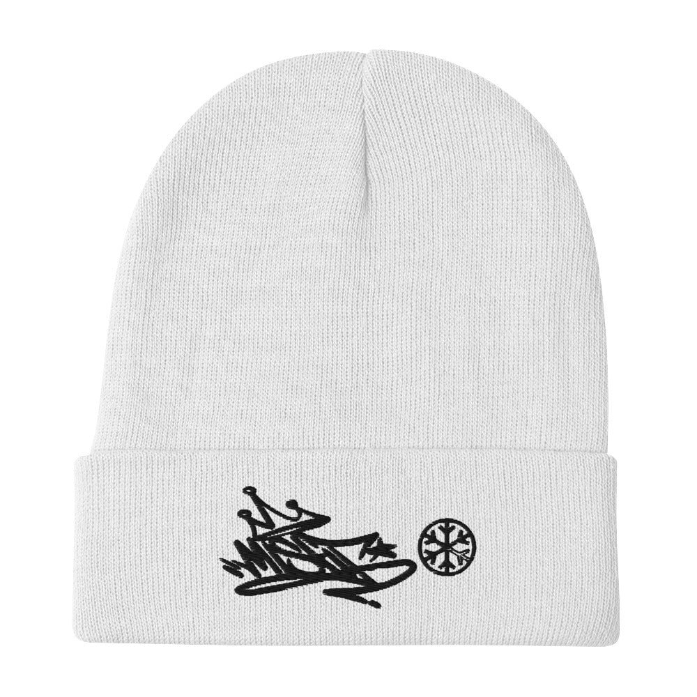 White-Misfit Graffiti Tag Beanie from B.Different Clothing, flat view, graffiti-inspired streetwear