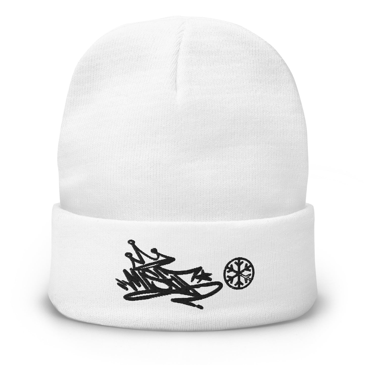 White-Misfit Graffiti Tag Beanie from B.Different Clothing, front view, graffiti-inspired streetwear