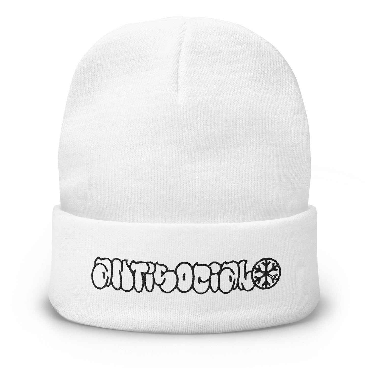 White-Antisocial Graffiti Hollow Beanie Hat from B.Different Clothing, front view, graffiti-inspired streetwear