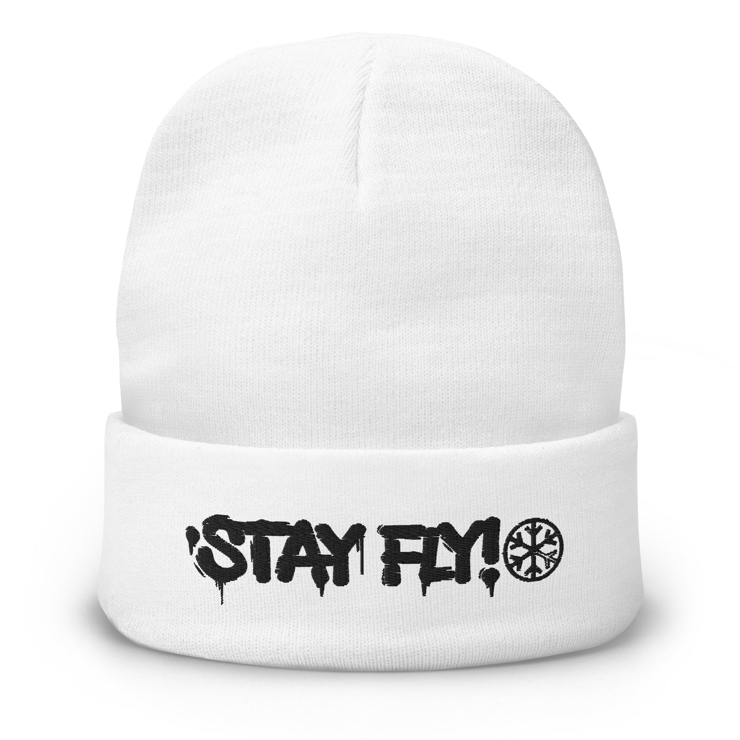 White-Stay Fly Graffiti Tag Beanie Hat from B.Different Clothing, front view, graffiti-inspired streetwear