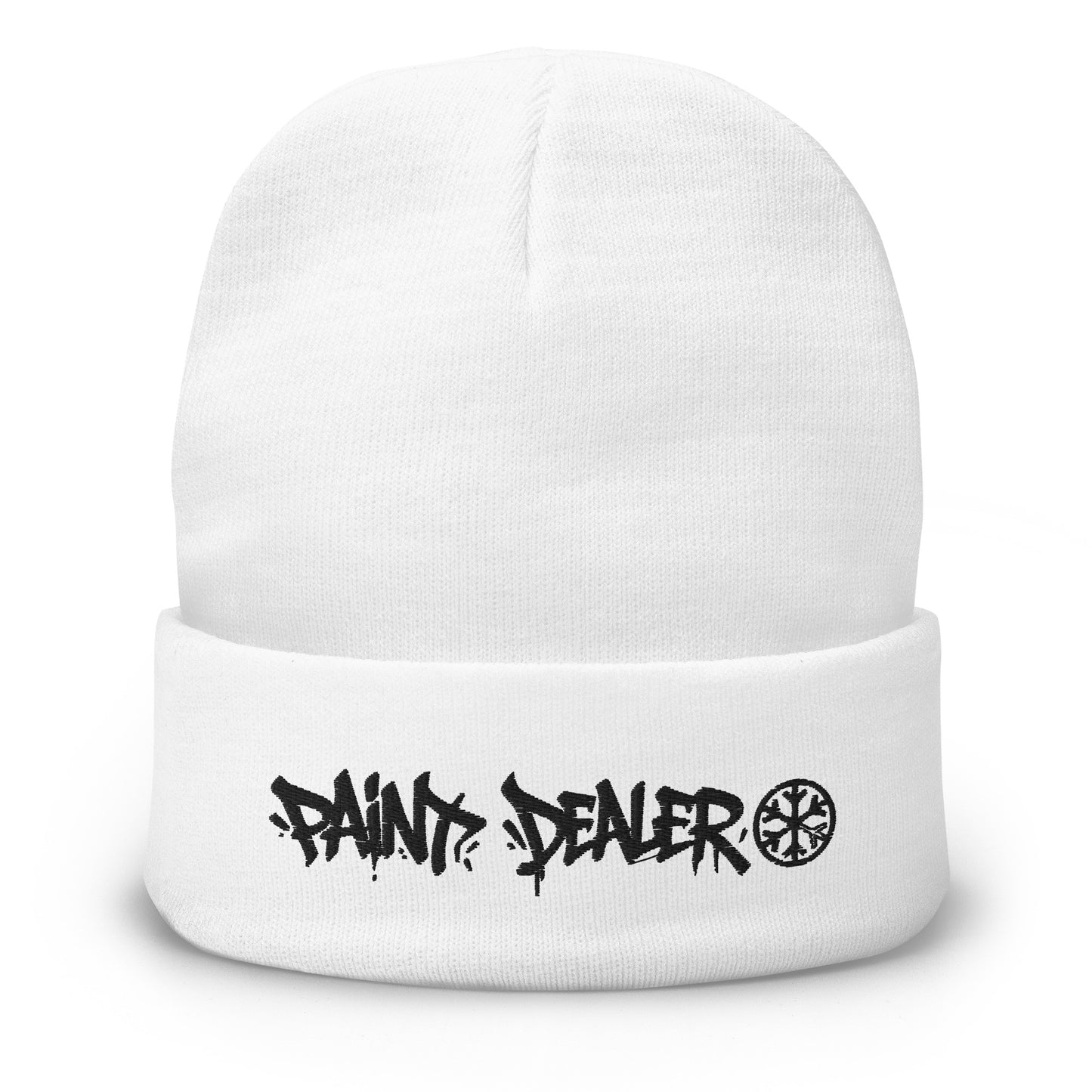 White-Paint Dealer Graffiti Tag Beanie Hat from B.Different Clothing, front view, graffiti-inspired streetwear