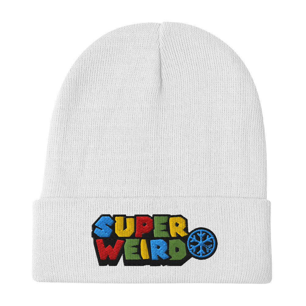 White-Super Weird Beanie Hat from B.Different Clothing, flat view, graffiti-inspired streetwear