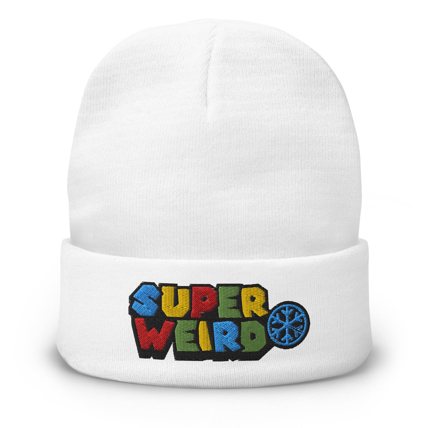 White-Super Weird Beanie Hat from B.Different Clothing, front view, graffiti-inspired streetwear