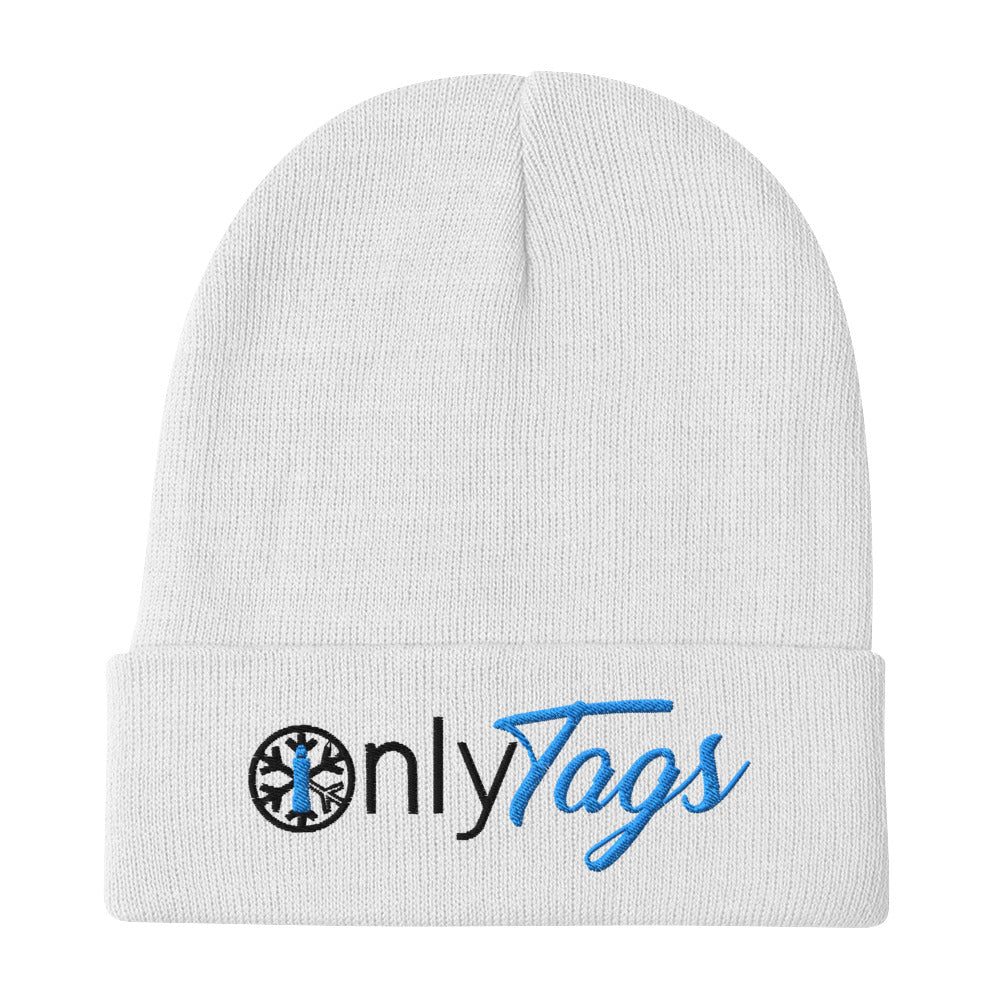 White-Only Tags Graffiti Beanie Hat from B.Different Clothing, flat view, graffiti-inspired streetwear