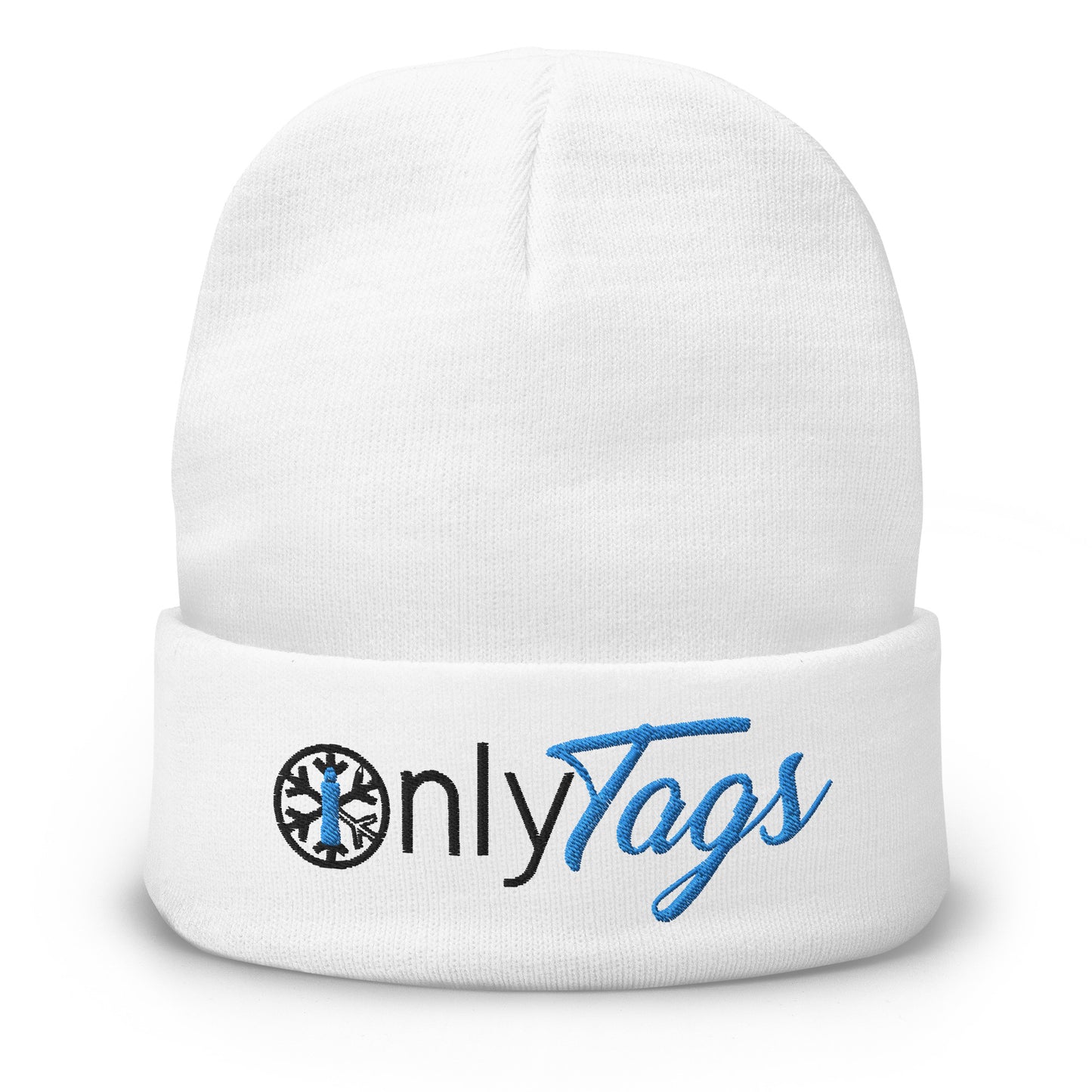 White-Only Tags Graffiti Beanie Hat from B.Different Clothing, front view, graffiti-inspired streetwear