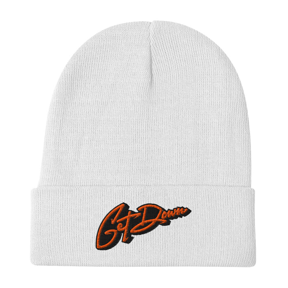 White-Get Down Graffiti Lettering Beanie Hat from B.Different Clothing, flat view, graffiti-inspired streetwear