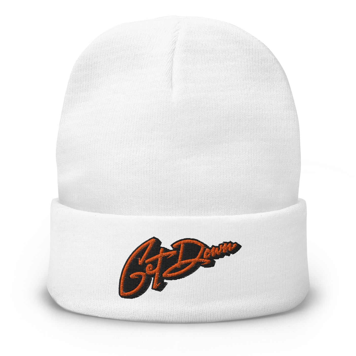 White-Get Down Graffiti Lettering Beanie Hat from B.Different Clothing, front view, graffiti-inspired streetwear
