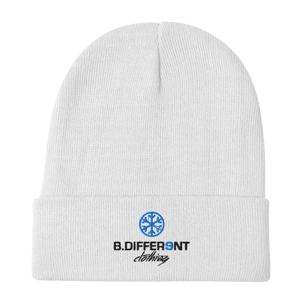 White-Logo Beanie Hat from B.Different Clothing, flat view, graffiti-inspired streetwear