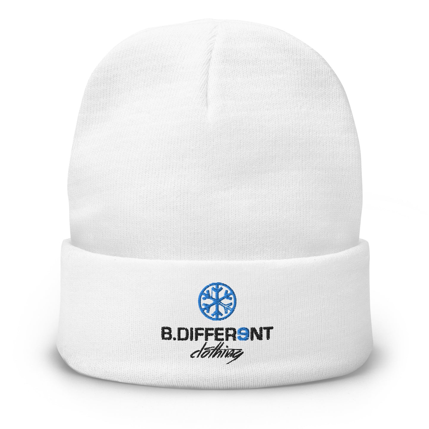 White-Logo Beanie Hat from B.Different Clothing, front view, graffiti-inspired streetwear