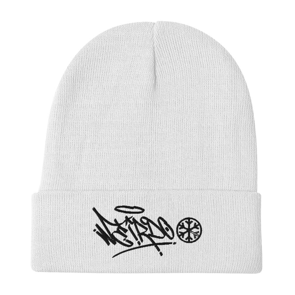 White-Weirdo Graffiti Tag Beanie Hat from B.Different Clothing, flat view, graffiti-inspired streetwear