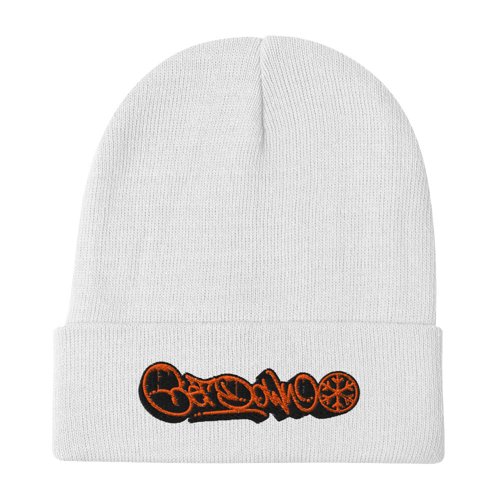 White-Get Down Graffiti Tag Beanie Hat from B.Different Clothing, flat view, graffiti-inspired streetwear