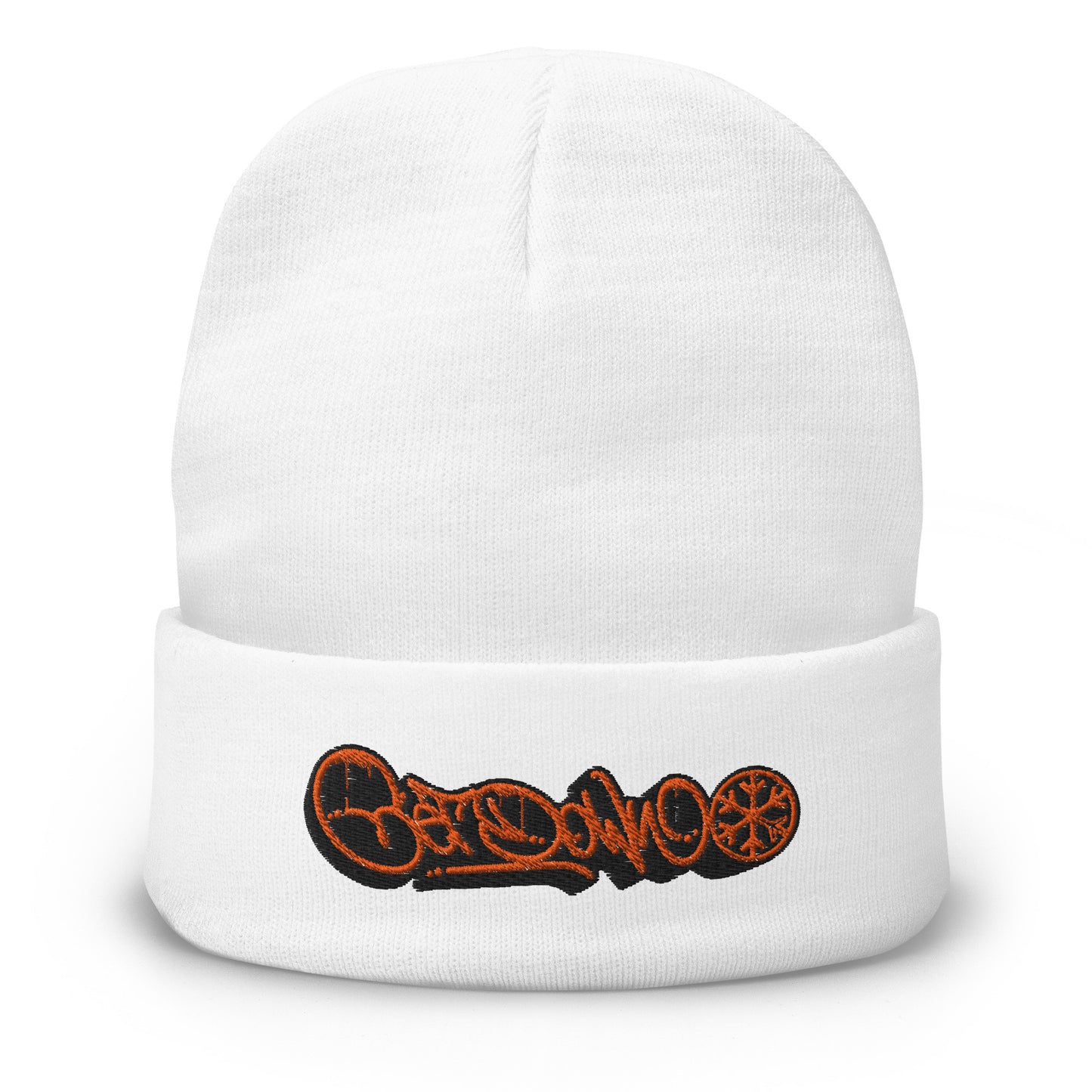 White-Get Down Graffiti Tag Beanie Hat from B.Different Clothing, front view, graffiti-inspired streetwear