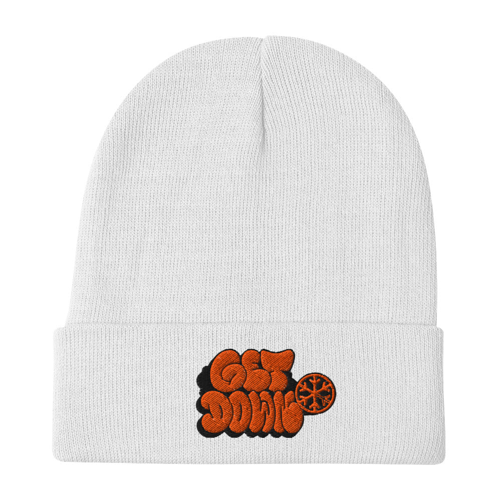 White-Get Down Graffiti Throw-up Beanie Hat from B.Different Clothing, flat view, graffiti-inspired streetwear