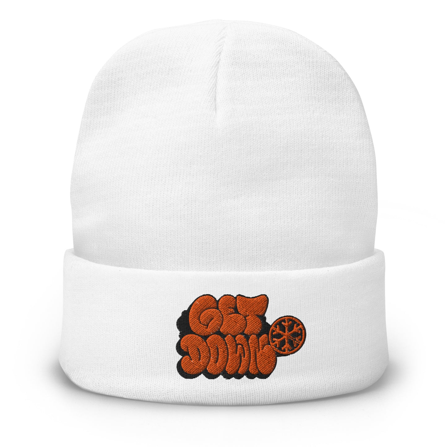 White-Get Down Graffiti Throw-up Beanie Hat from B.Different Clothing, front view, graffiti-inspired streetwear