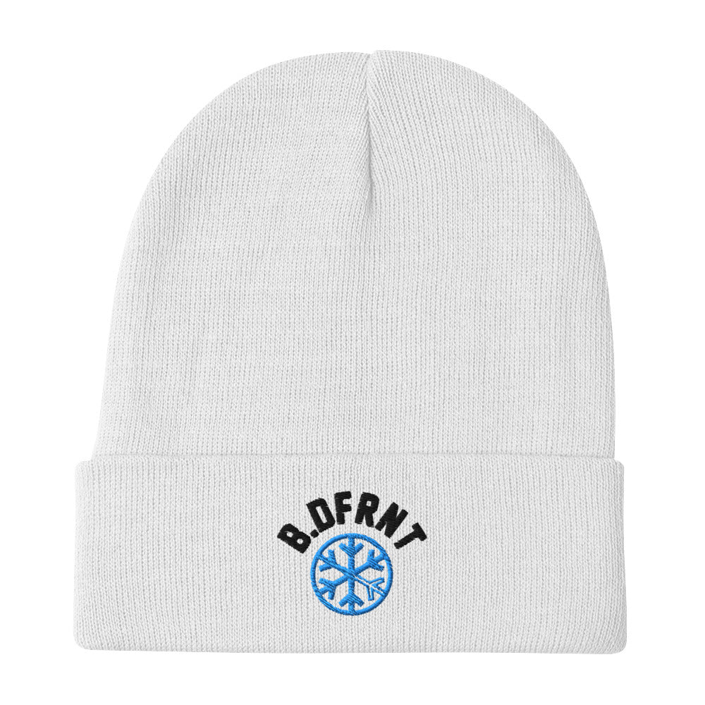White-B.DFRNT Beanie Hat from B.Different Clothing, flat view, graffiti-inspired streetwear