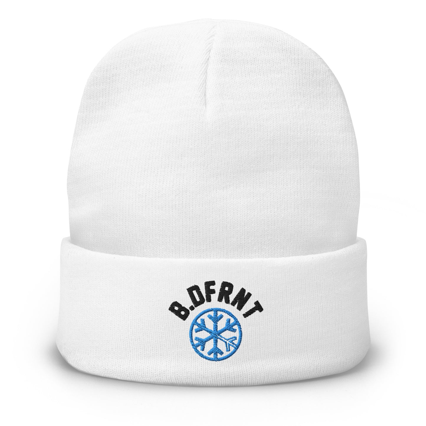 White-B.DFRNT Beanie Hat from B.Different Clothing, front view, graffiti-inspired streetwear
