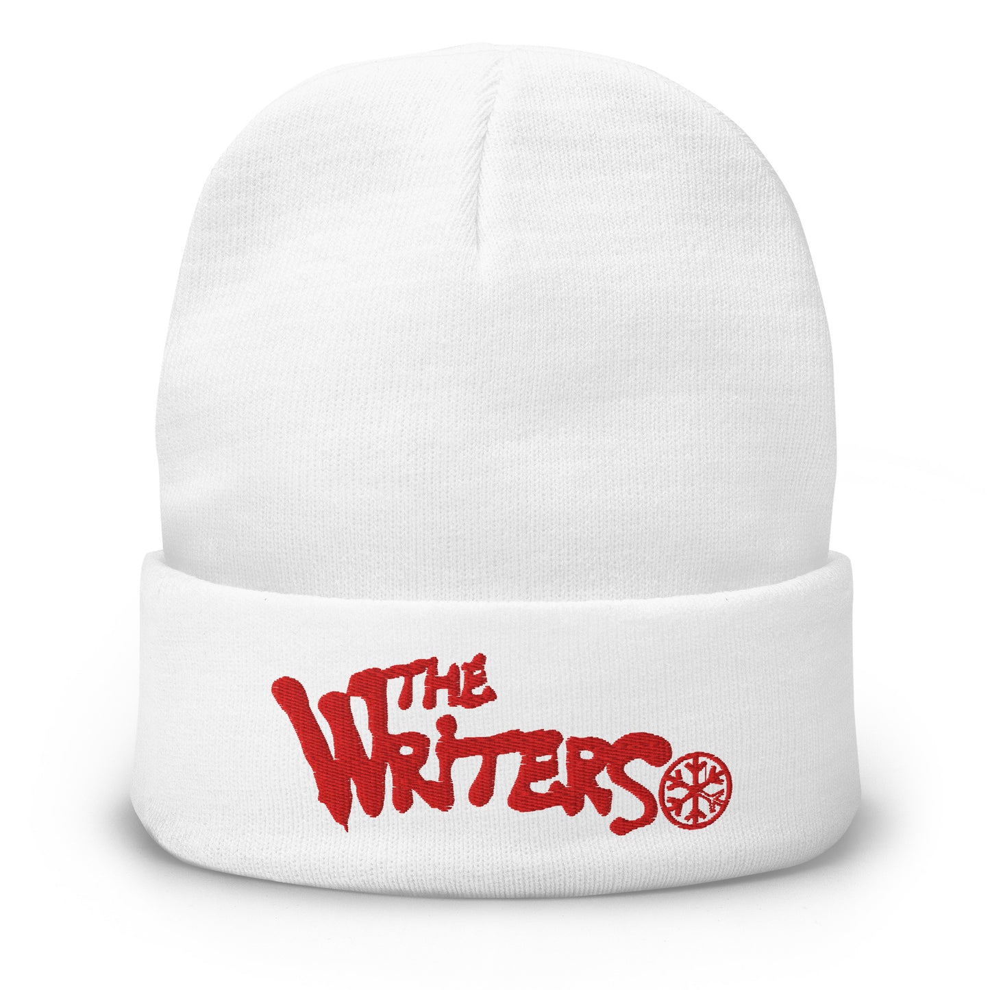 White-The Writers Graffiti Lettering Beanie Hat from B.Different Clothing, front view, graffiti-inspired streetwear