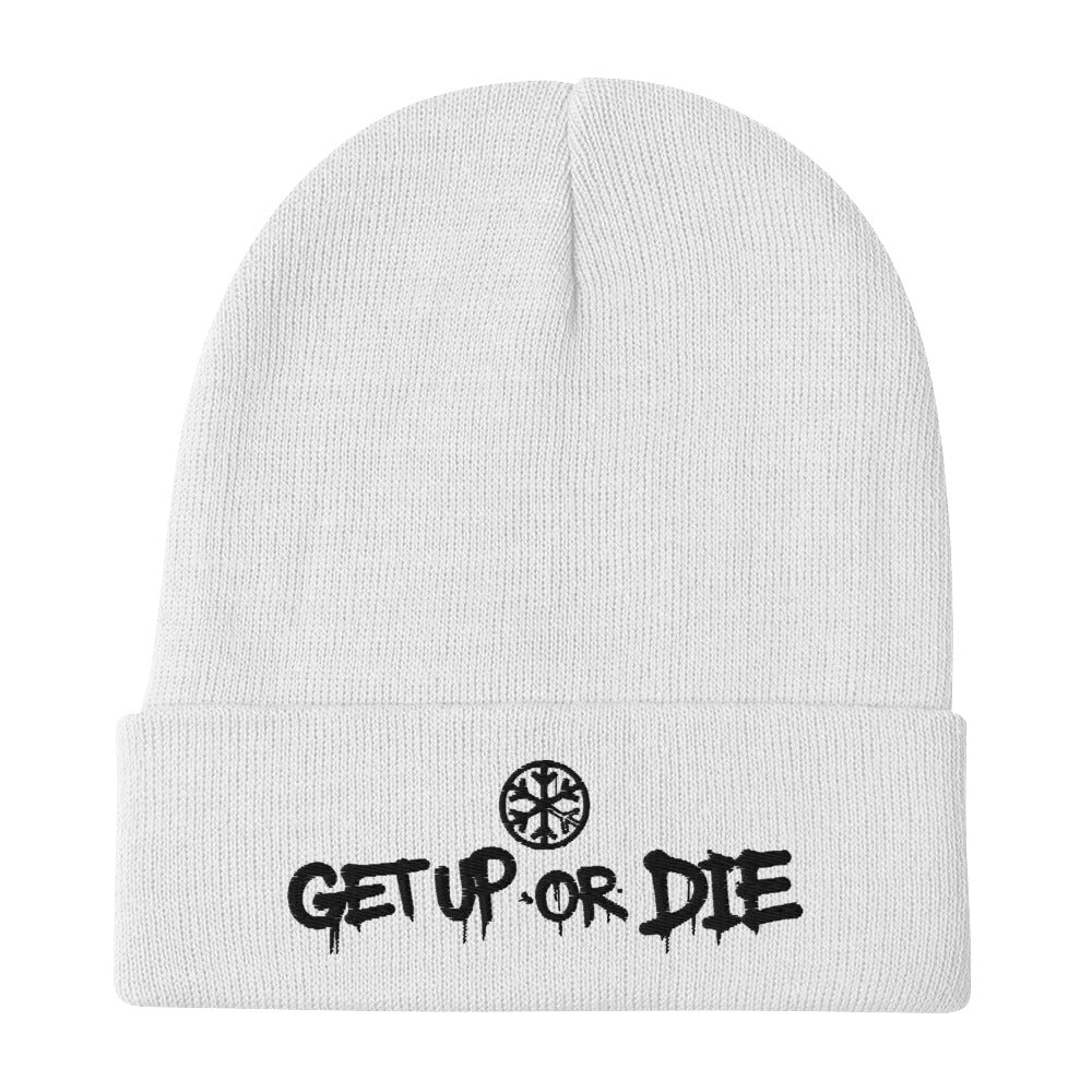 White-Get Up or Die Graffiti Beanie Hat from B.Different Clothing, flat view, graffiti-inspired streetwear