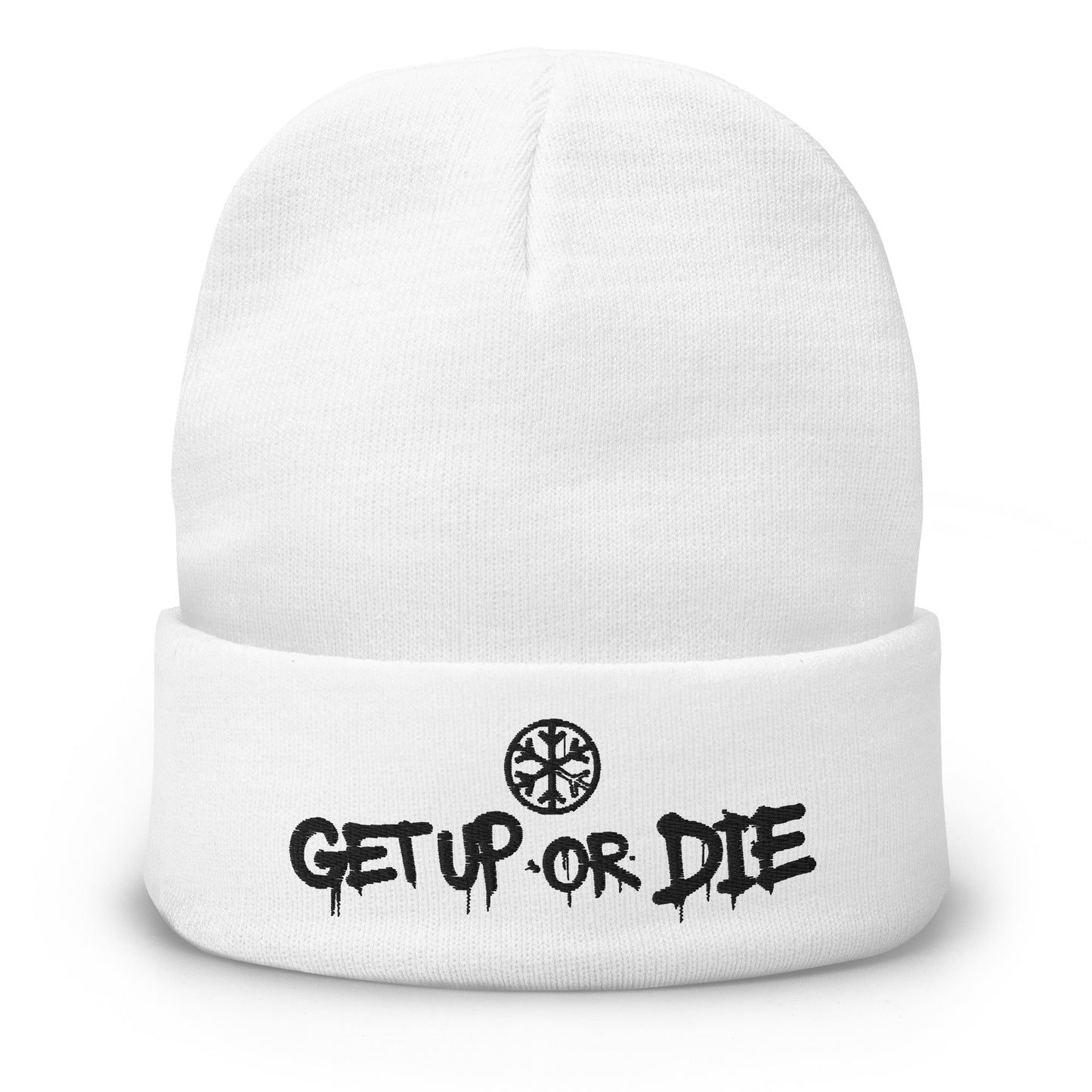 White-Get Up or Die Graffiti Beanie Hat from B.Different Clothing, front view, graffiti-inspired streetwear