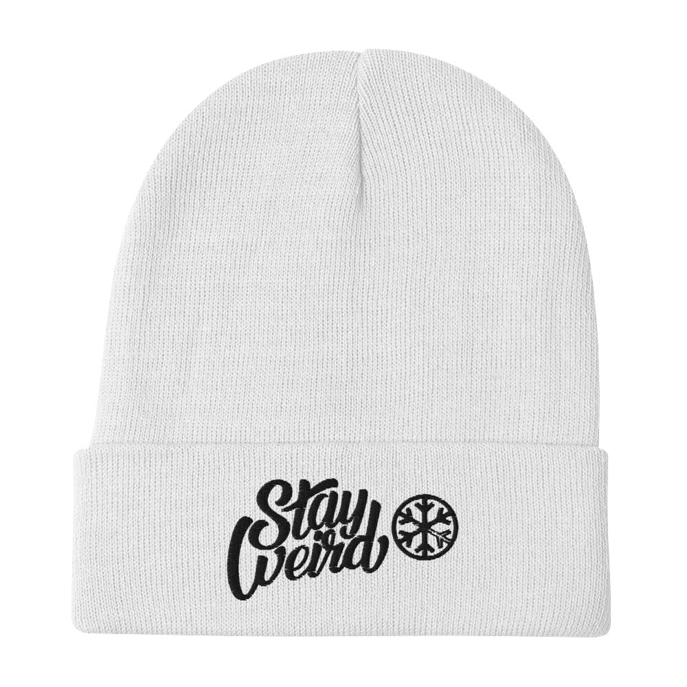 White-Stay Weird Beanie Hat from B.Different Clothing, flat view, graffiti-inspired streetwear