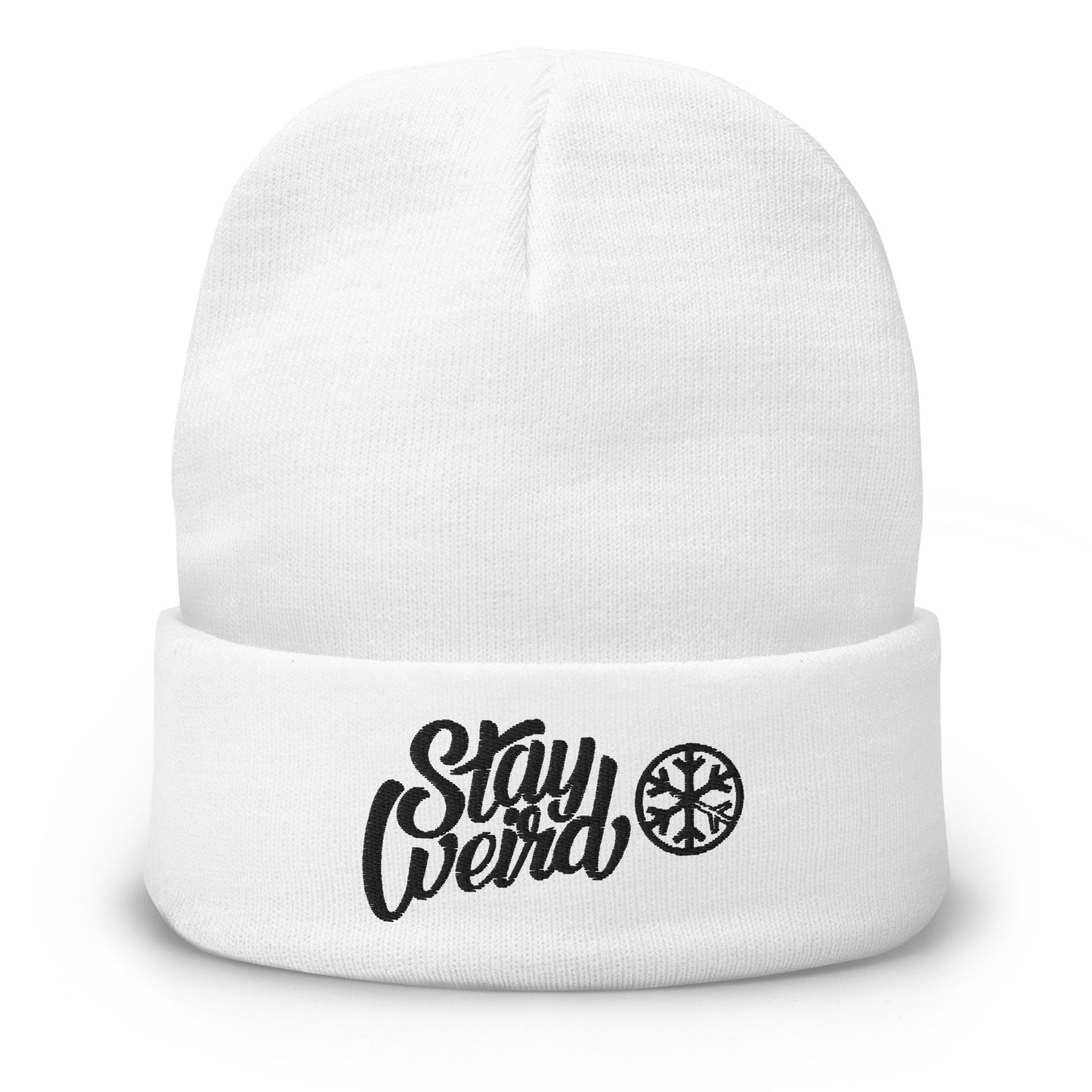 White-Stay Weird Beanie Hat from B.Different Clothing, front view, graffiti-inspired streetwear
