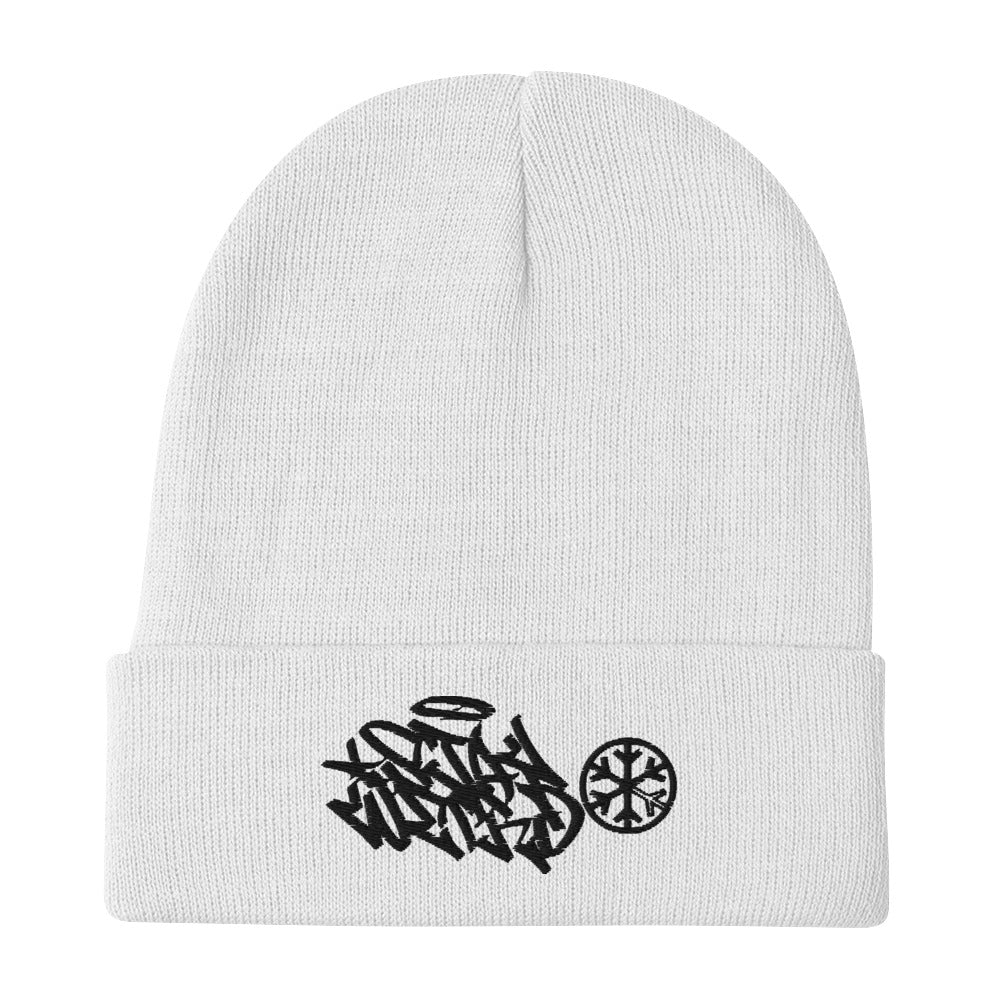 White-Stay Weird Graffiti Tag Beanie Hat from B.Different Clothing, flat view, graffiti-inspired streetwear