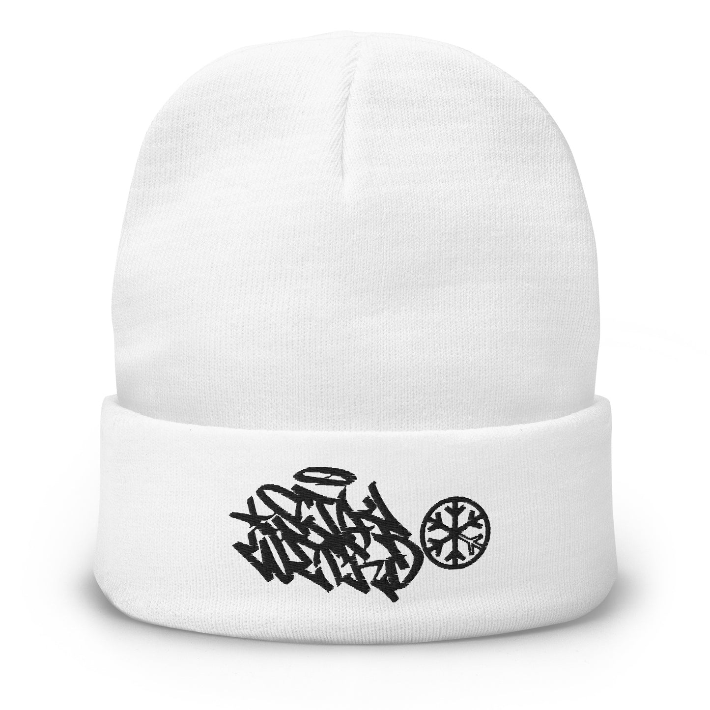 White-Stay Weird Graffiti Tag Beanie Hat from B.Different Clothing, front view, graffiti-inspired streetwear