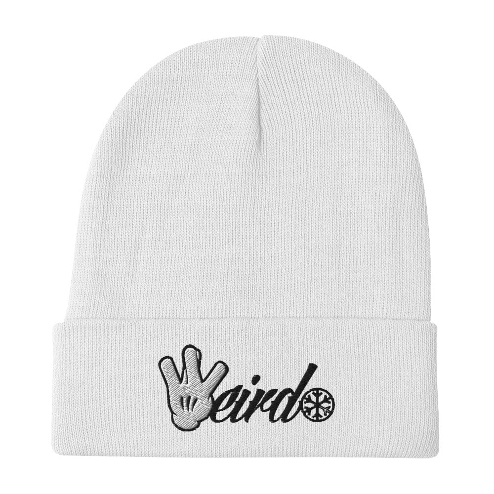 White-Weirdo Hand Sign Beanie Hat from B.Different Clothing, flat view, graffiti-inspired streetwear