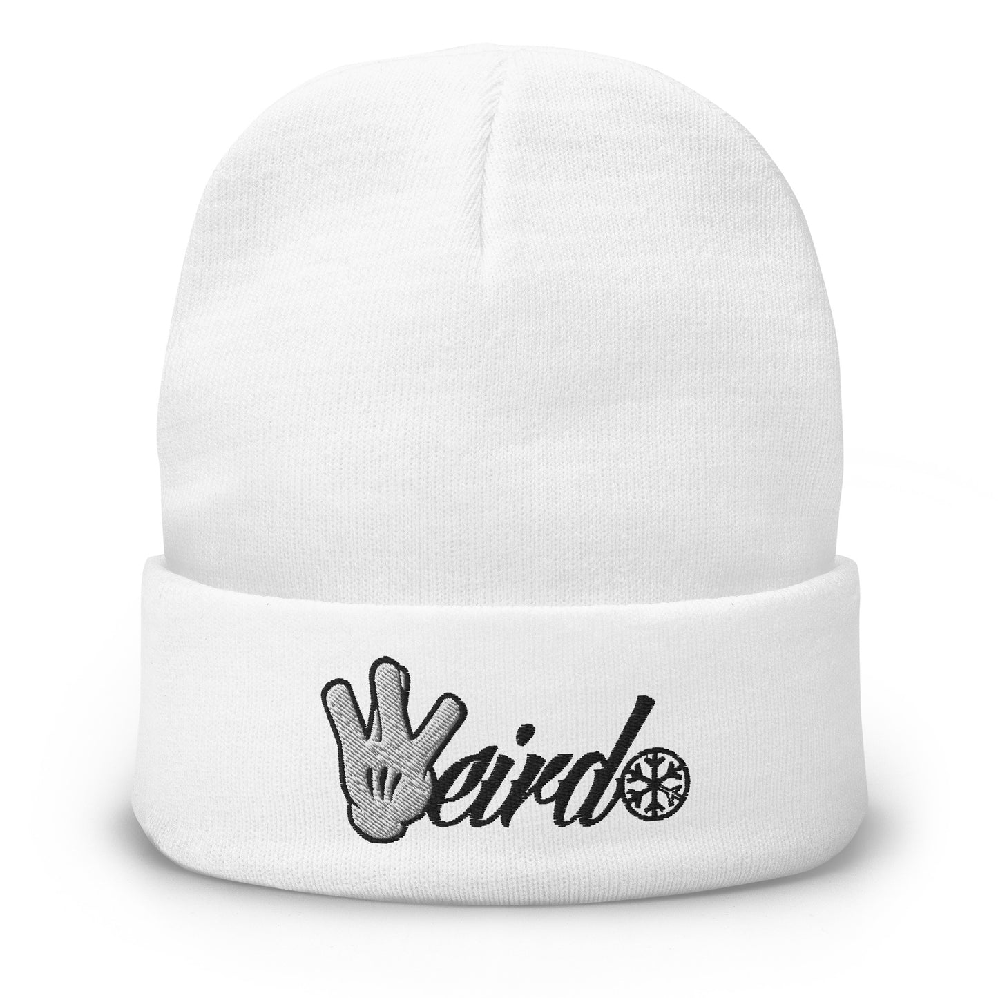 White-Weirdo Hand Sign Beanie Hat from B.Different Clothing, front view, graffiti-inspired streetwear