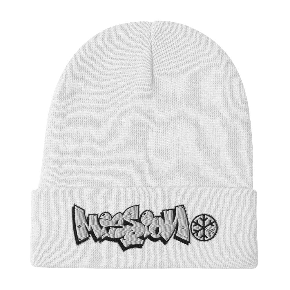 White-Mission Graffiti Piece Beanie Hat from B.Different Clothing, flat view, graffiti-inspired streetwear