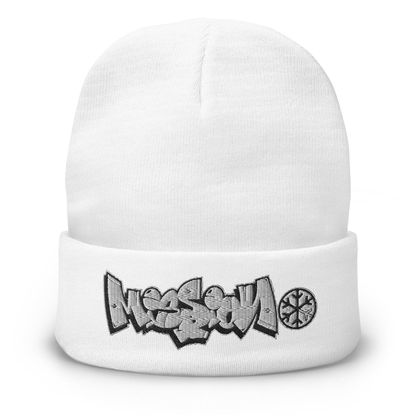 White-Mission Graffiti Piece Beanie Hat from B.Different Clothing, front view, graffiti-inspired streetwear
