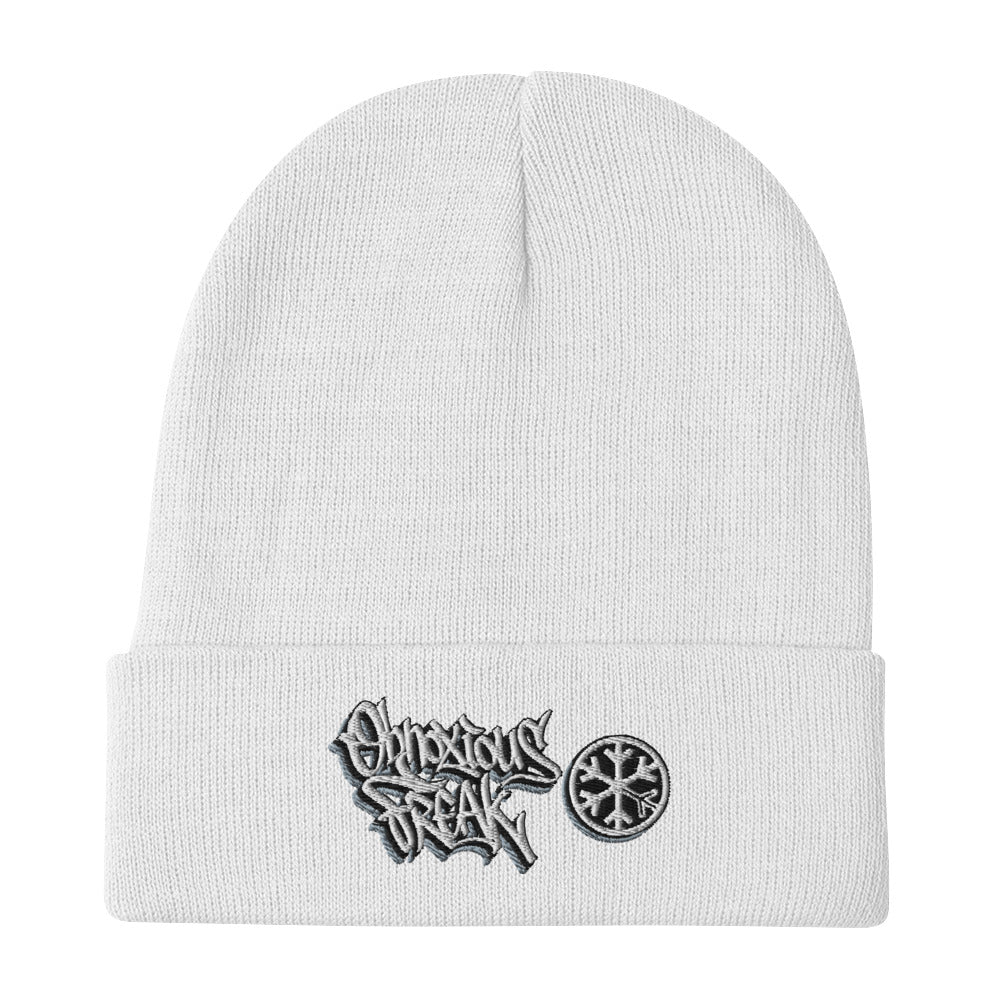 White-Obnoxious Freak Graffiti Beanie Hat from B.Different Clothing, flat view, graffiti-inspired streetwear
