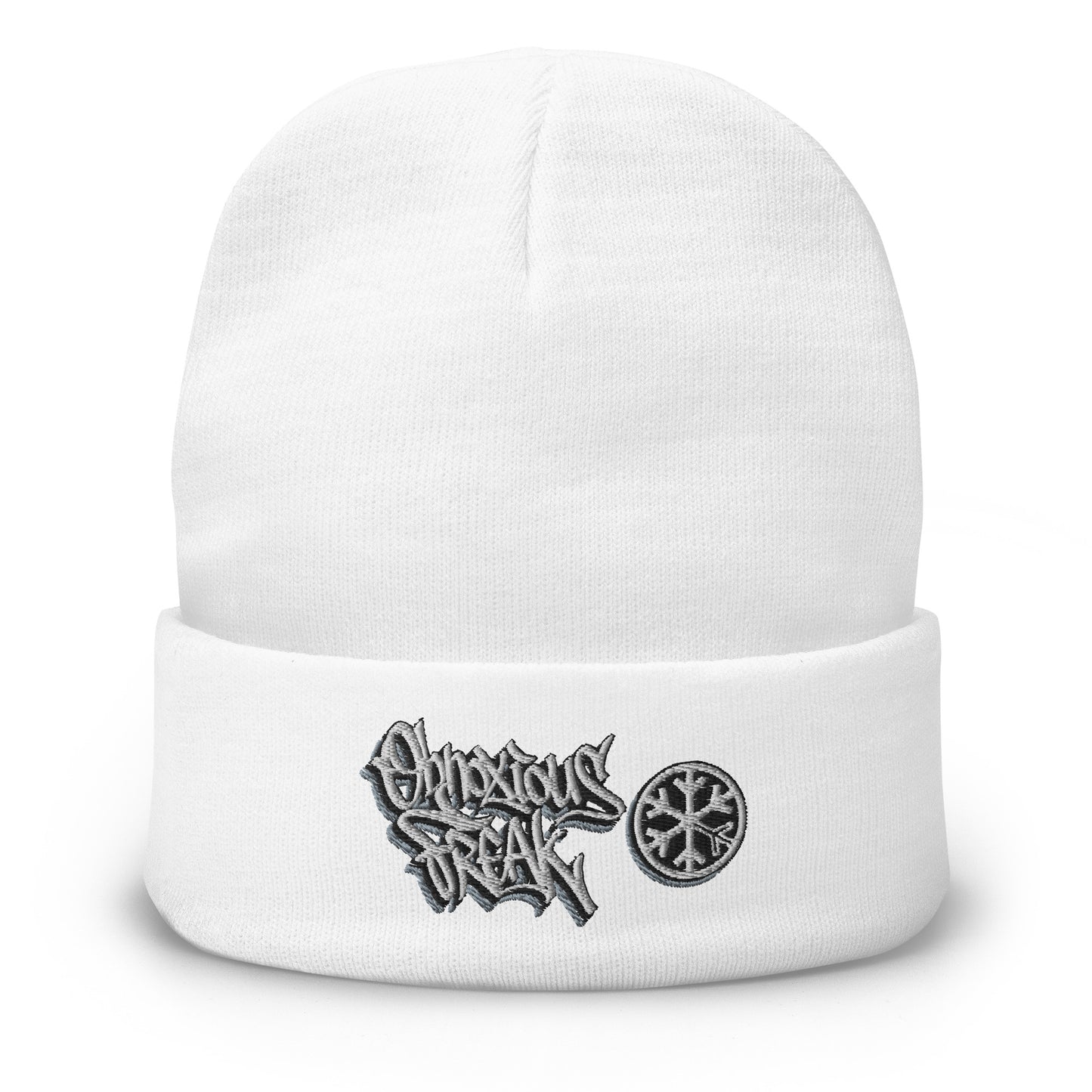White-Obnoxious Freak Graffiti Beanie Hat from B.Different Clothing, front view, graffiti-inspired streetwear