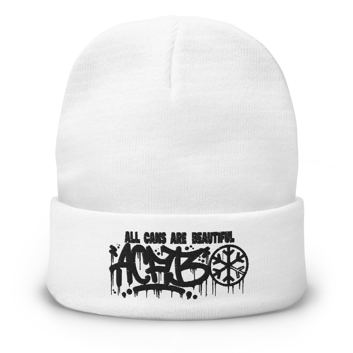 White-ACAB Graffiti Tag Beanie Hat from B.Different Clothing, front view, graffiti-inspired streetwear