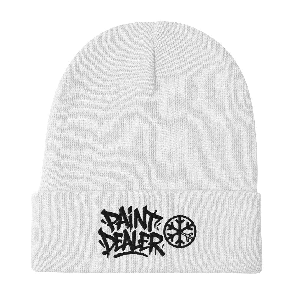 White-Paint Dealer Graffiti Tag Beanie Hat from B.Different Clothing, flat view, graffiti-inspired streetwear