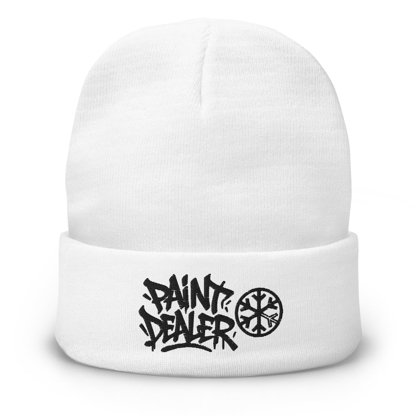 White-Paint Dealer Graffiti Tag Beanie Hat from B.Different Clothing, front view, graffiti-inspired streetwear