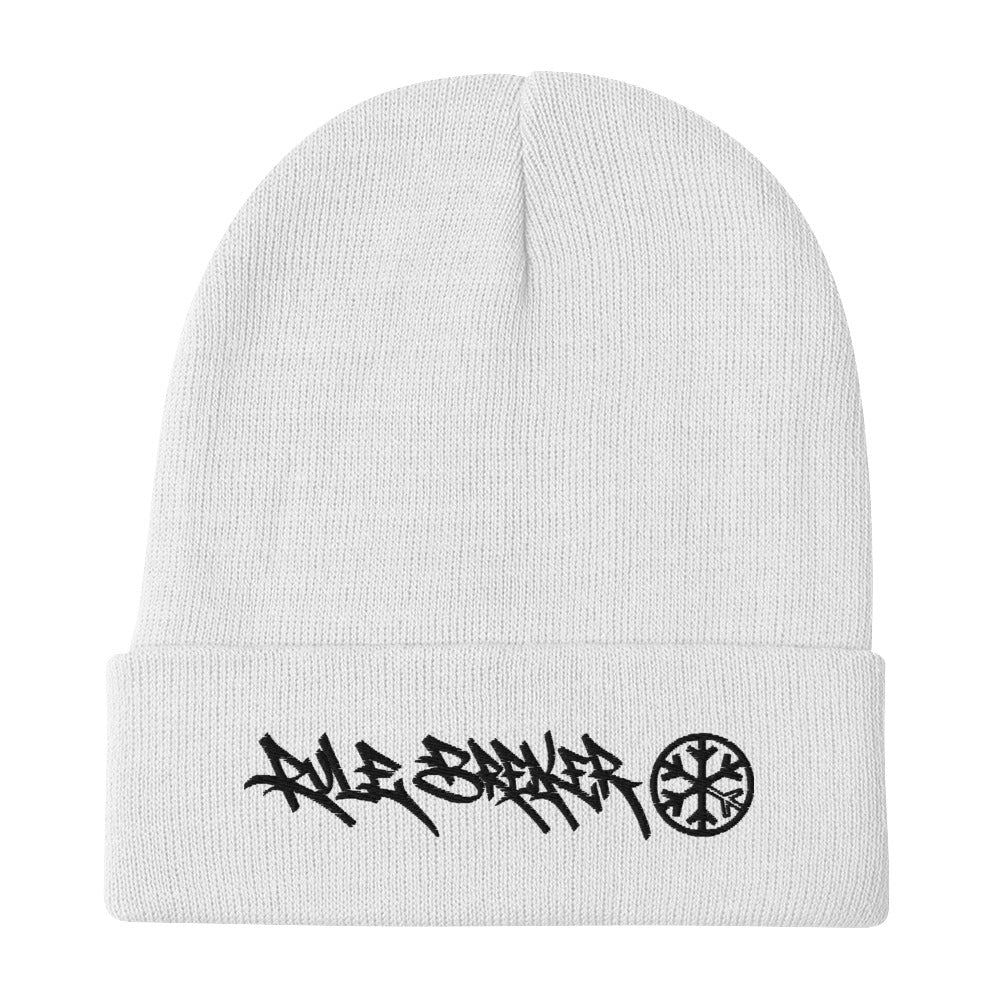White-Rule Breaker Graffiti Tag Beanie Hat from B.Different Clothing, flat view, graffiti-inspired streetwear