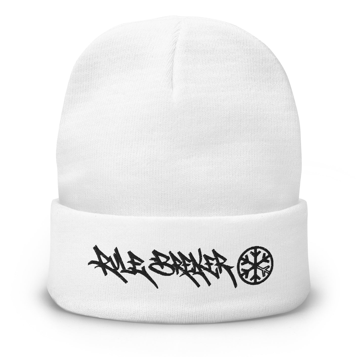 White-Rule Breaker Graffiti Tag Beanie Hat from B.Different Clothing, front view, graffiti-inspired streetwear