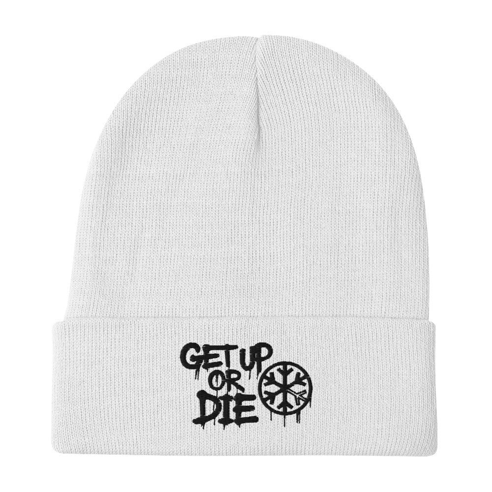 White-Get Up or Die Graffiti Tag Beanie Hat from B.Different Clothing, flat view, graffiti-inspired streetwear
