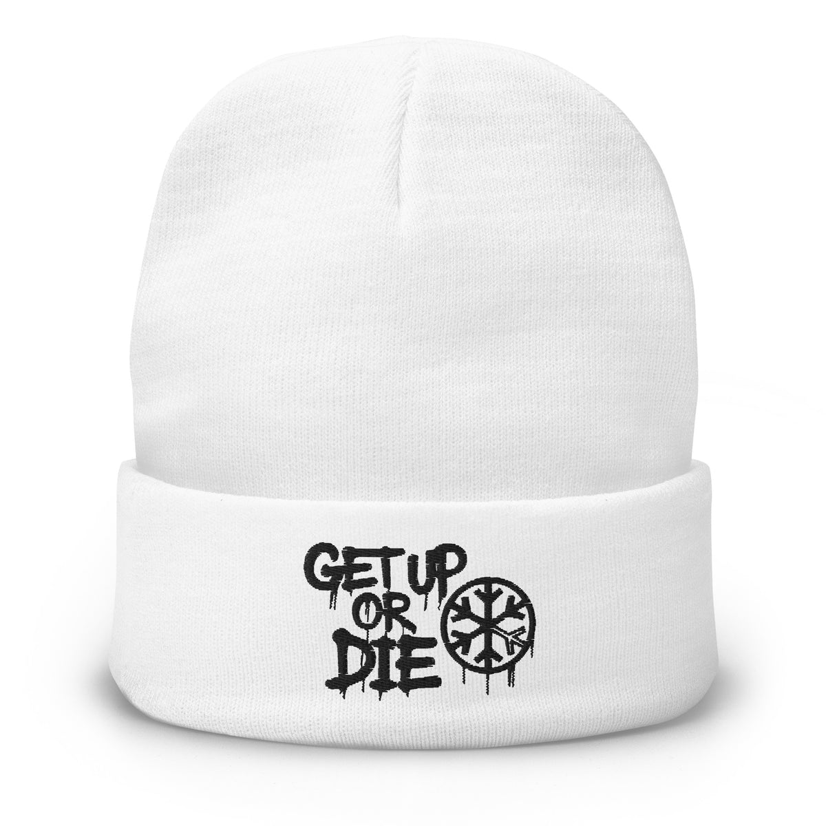 White-Get Up or Die Graffiti Tag Beanie Hat from B.Different Clothing, front view, graffiti-inspired streetwear