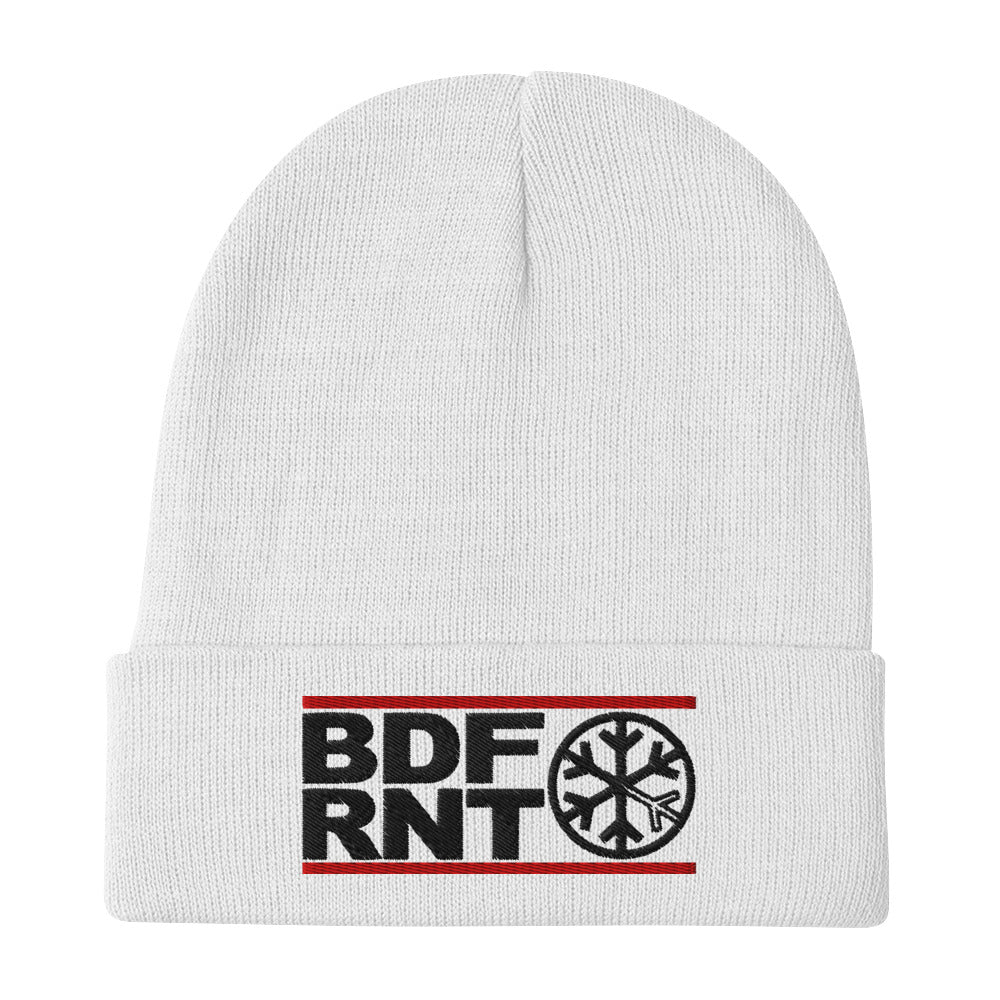 White-BDFRNT OG Logo Beanie from B.Different Clothing, flat view, graffiti-inspired streetwear