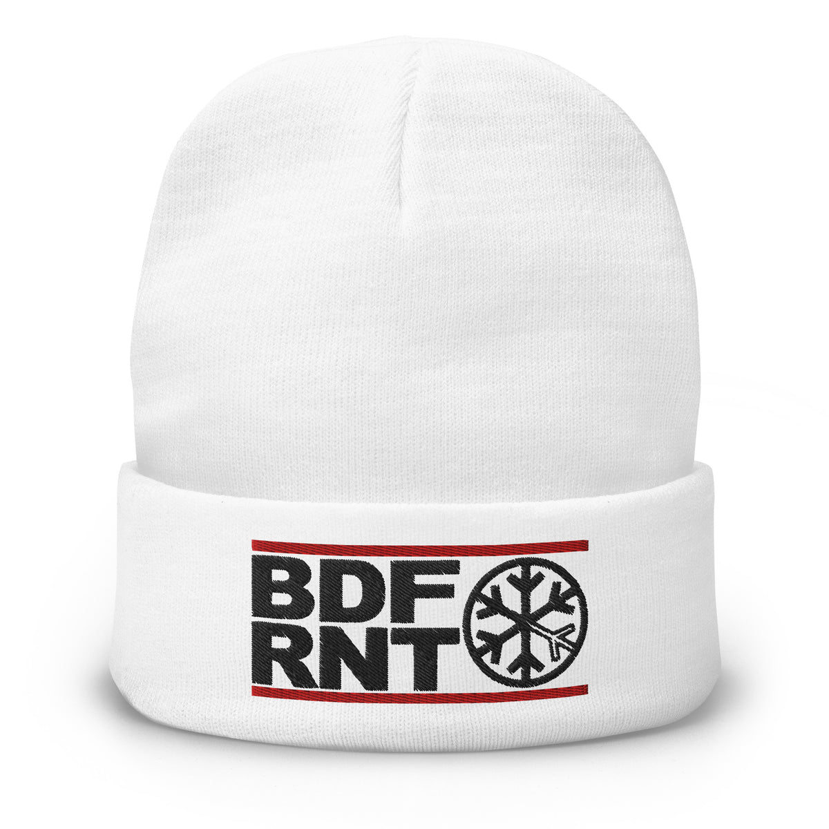 White-BDFRNT OG Logo Beanie from B.Different Clothing, front view, graffiti-inspired streetwear